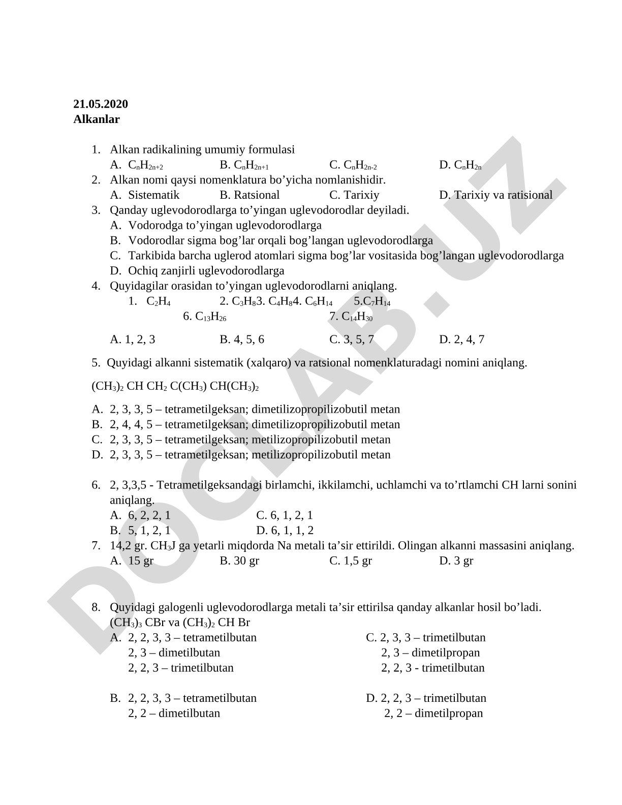 Alkanlar va ularning nomenklaturasi test savollari