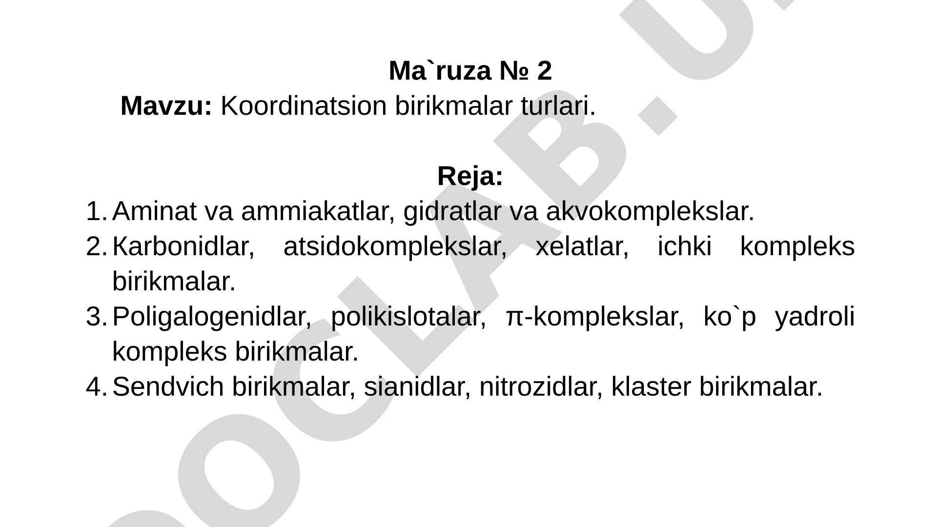 Koordinatsion birikmalar tasnifi, turlari va misollar keltirilgan ma'ruza matni