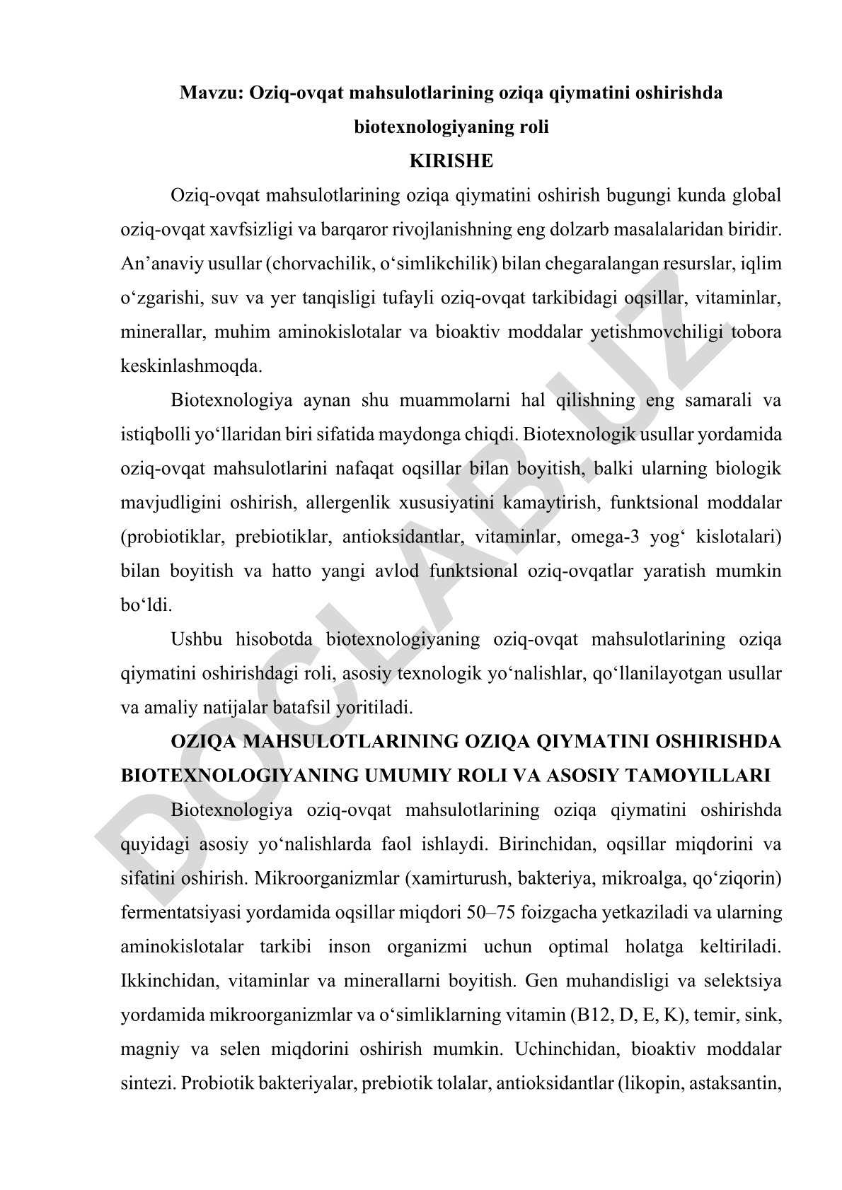 Oziq-ovqat mahsulotlarining oziqa qiymatini oshirishda biotexnologiyaning roli