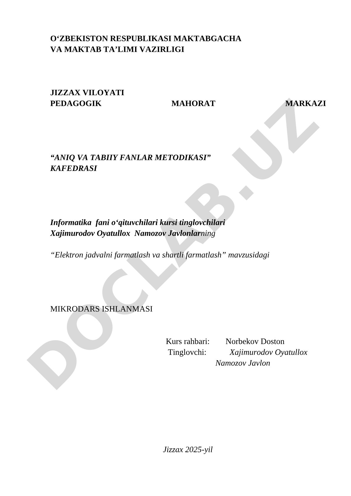 Elektron jadvalni farmatlash va shartli farmatlash