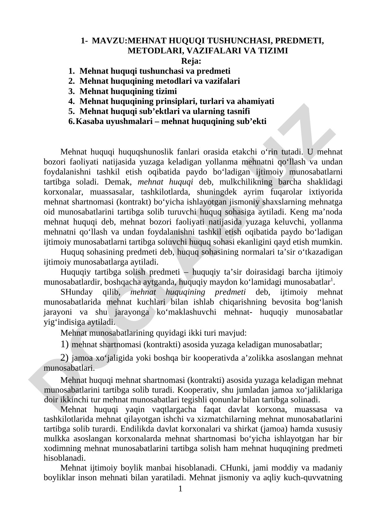 Mehnat huquqi tushunchasi, predmeti, metodlari, vazifalari va tizimi