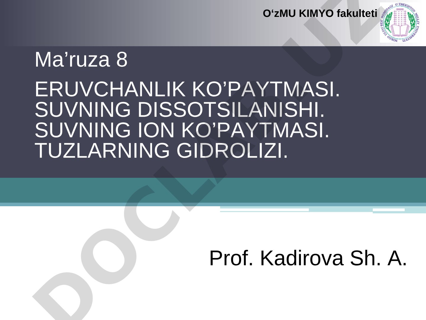 Eruvchanlik ko'paytmasi. Suvning dissotsilanishi. Suvning ion ko'paytmasi. Tuzlarning gidrolizi.