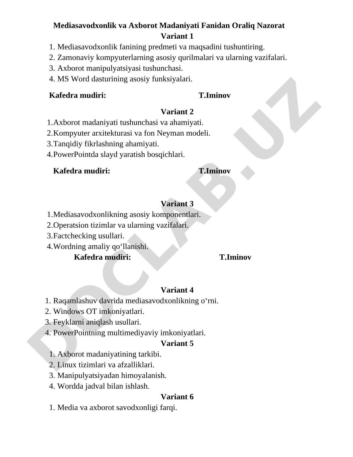 Mediasavodxonlik va axborot madaniyati fanidan oraliq nazorat savollari