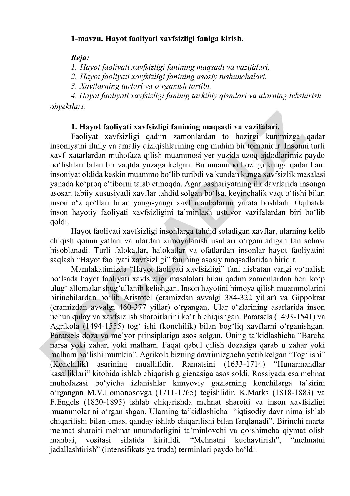 Hayot faoliyati xavfsizligi faniga kirish