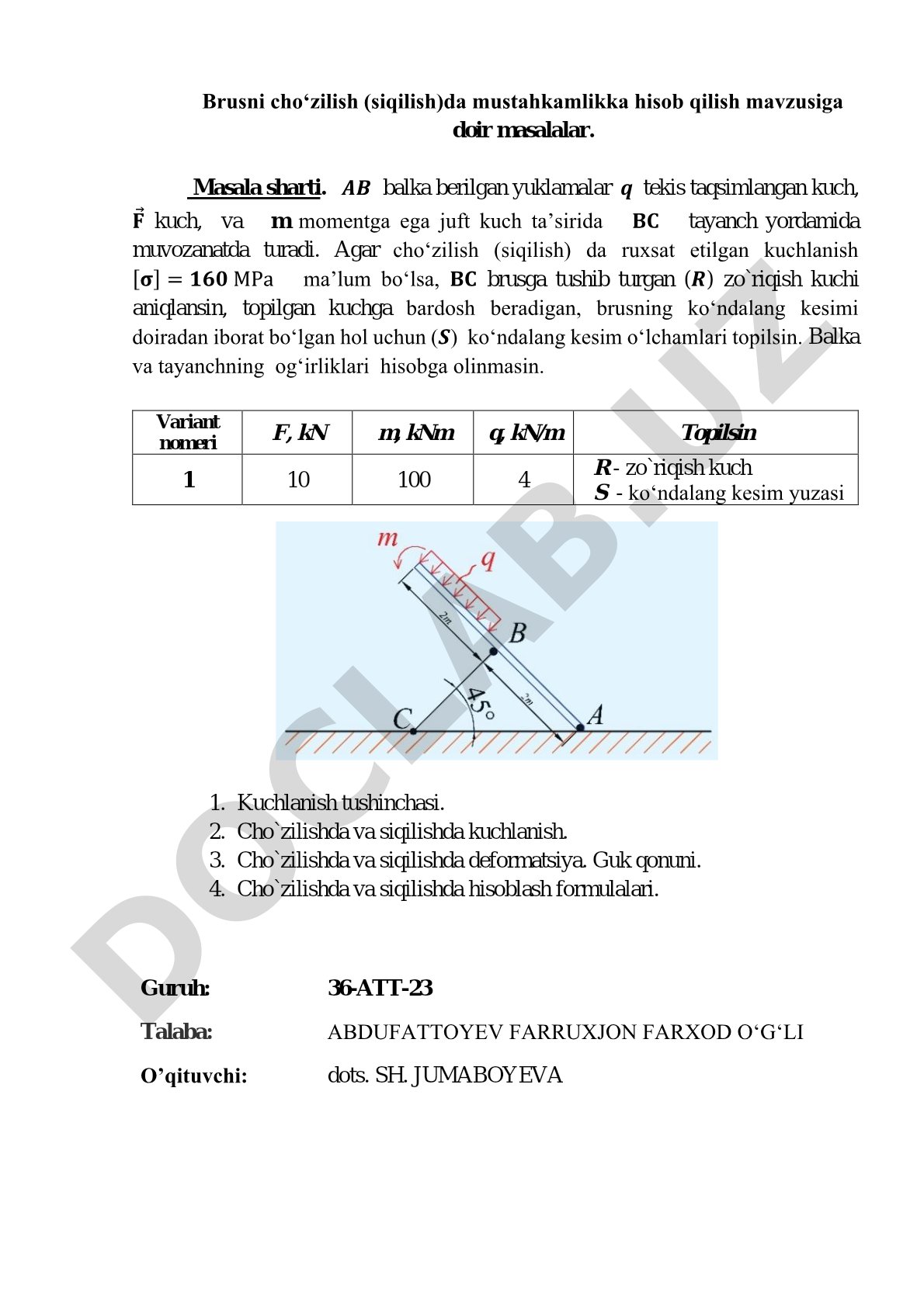 Brusni choʻzilish (siqilish)da mustahkamlikka hisob qilish