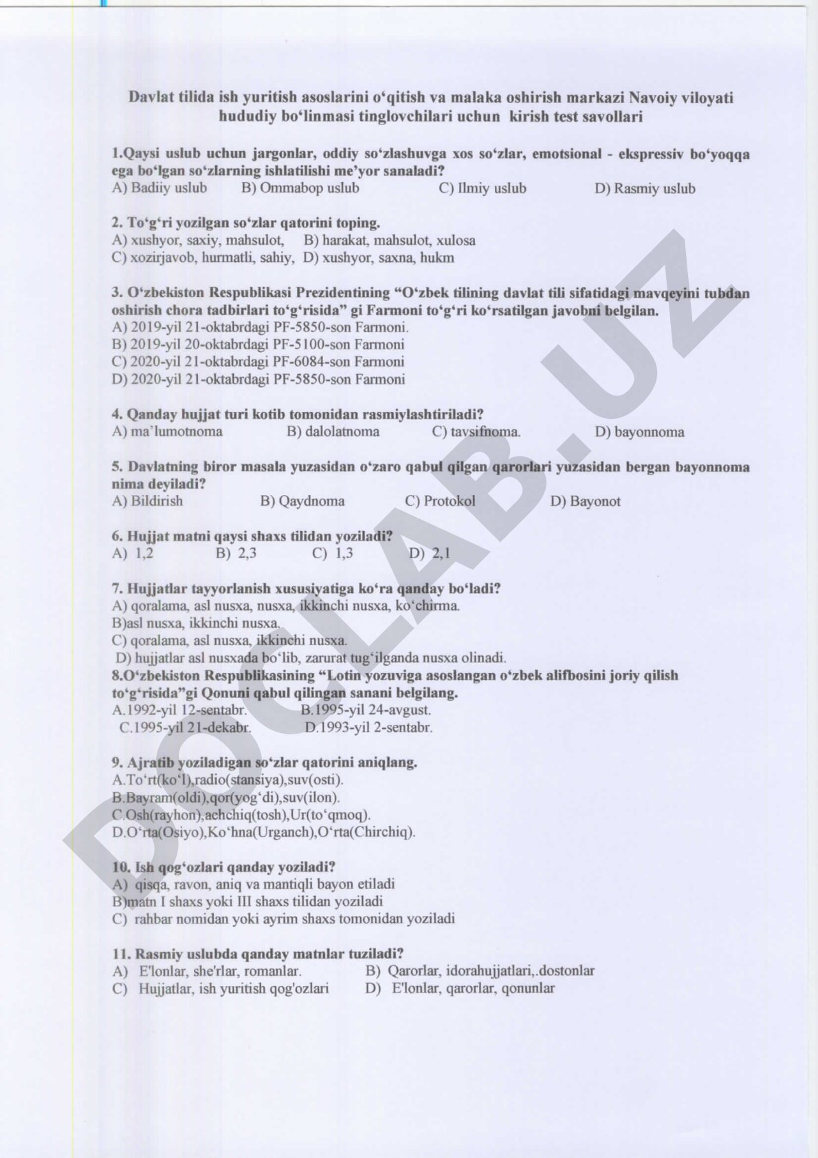 Davlat tilida ish yuritish asoslari kirish test savollari