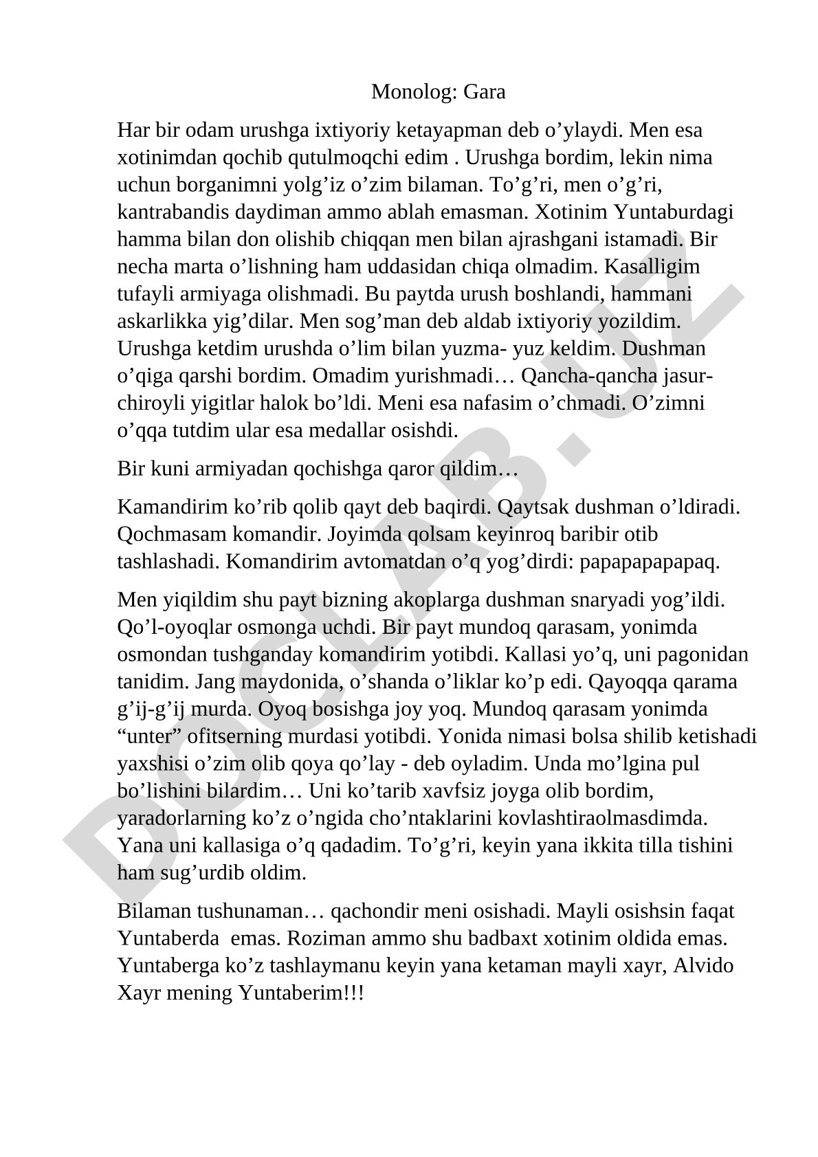 Urushga ixtiyoriy ketgan o'g'rining monologi