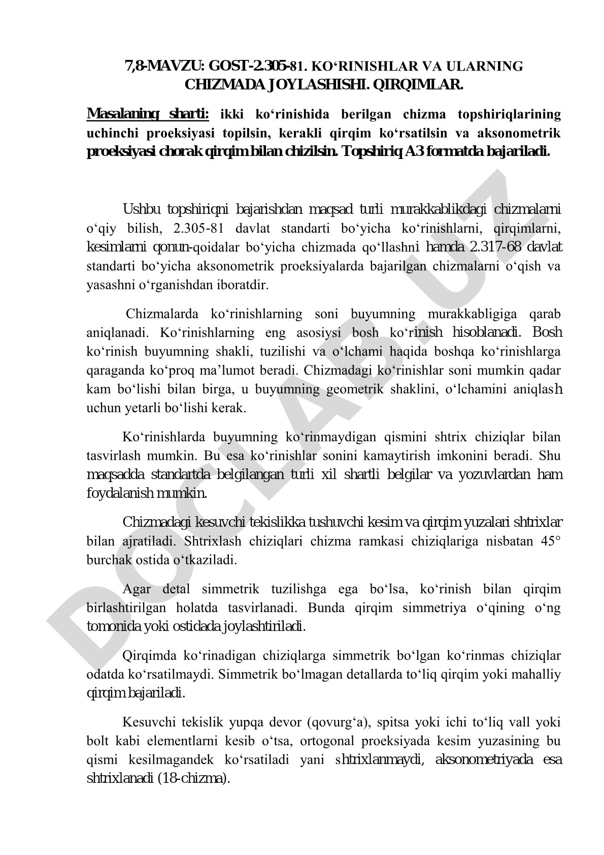 GOST-2.305-81. Ko‘rinishlar va ularning chizmada joylashishi. Qirqimlar