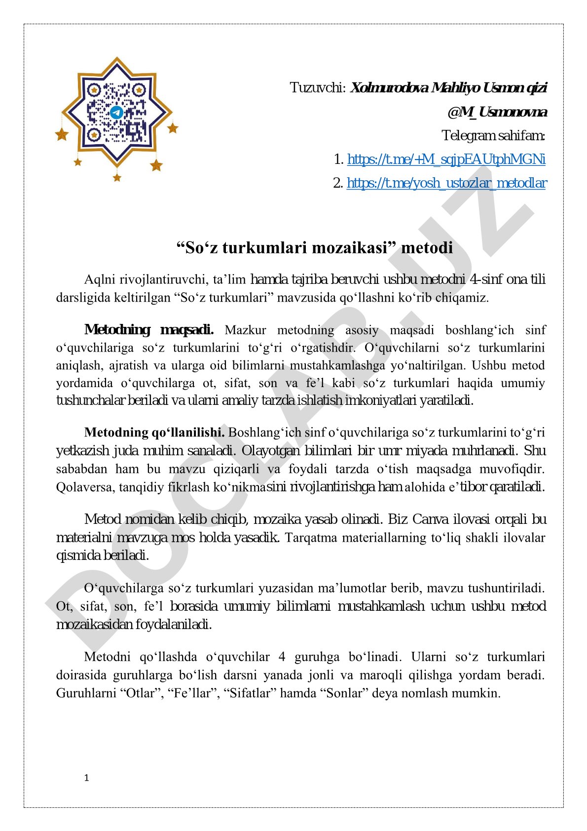 So‘z turkumlari mozaikasi metodi