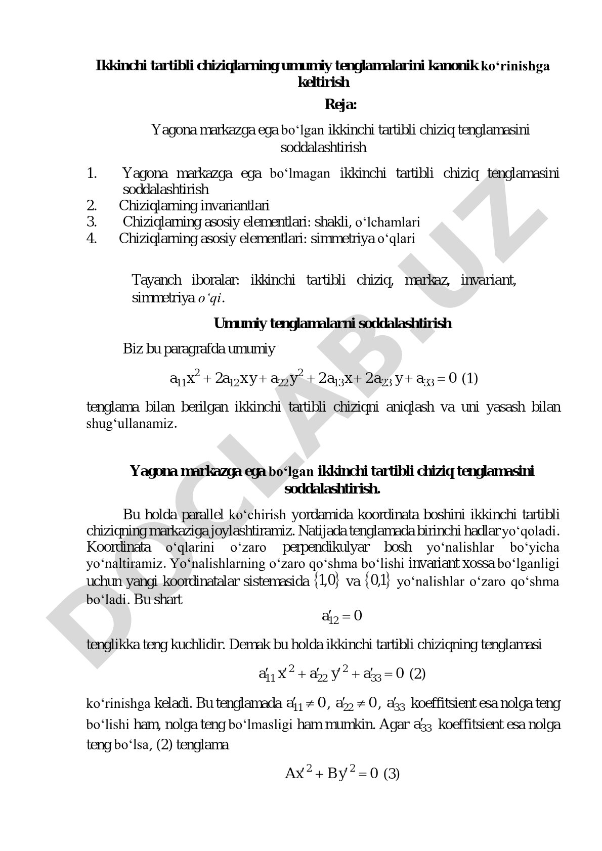 Ikkinchi tartibli chiziqlarning umumiy tenglamalarini kanonik ko'rinishga keltirish