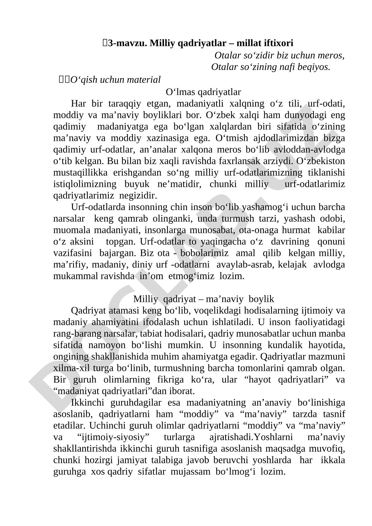 Milliy qadriyatlar – millat iftixori