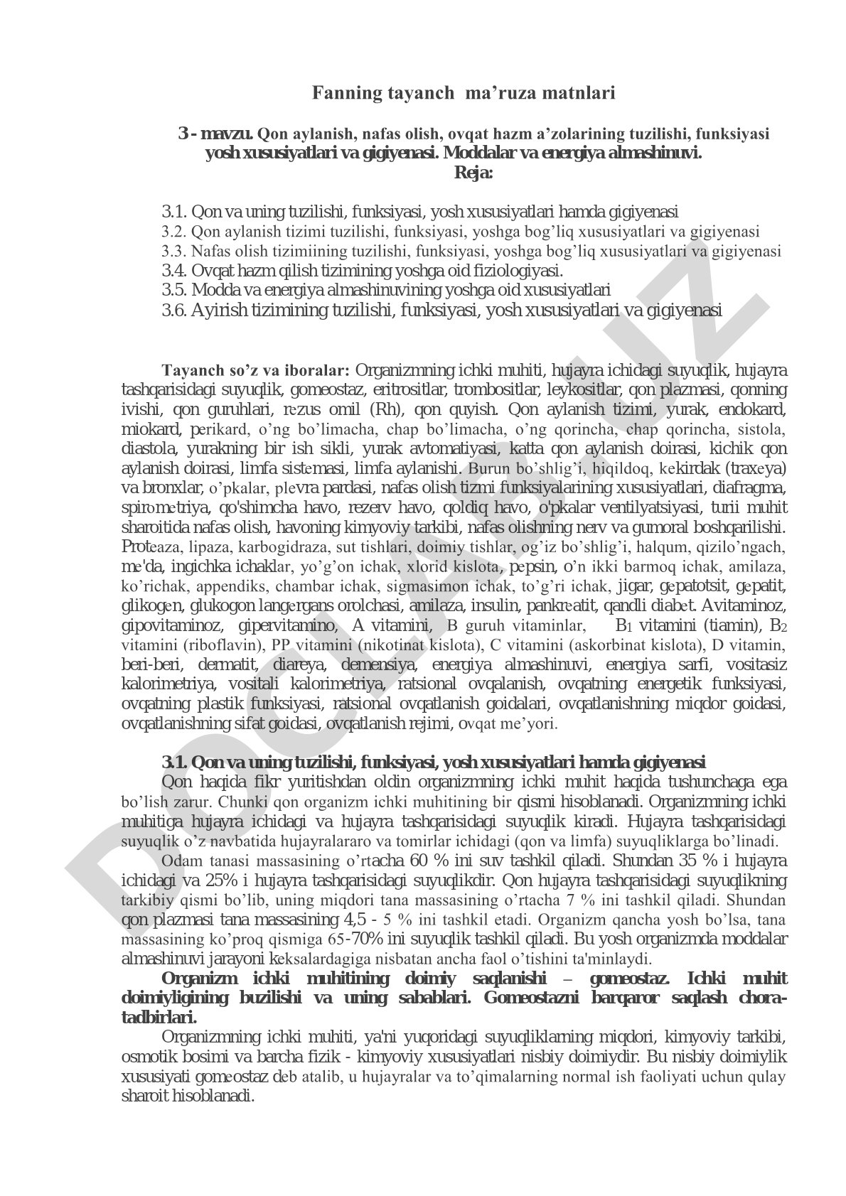 Qon aylanish, nafas olish, ovqat hazm a’zolarining tuzilishi, funksiyasi yosh xususiyatlari va gigiyenasi