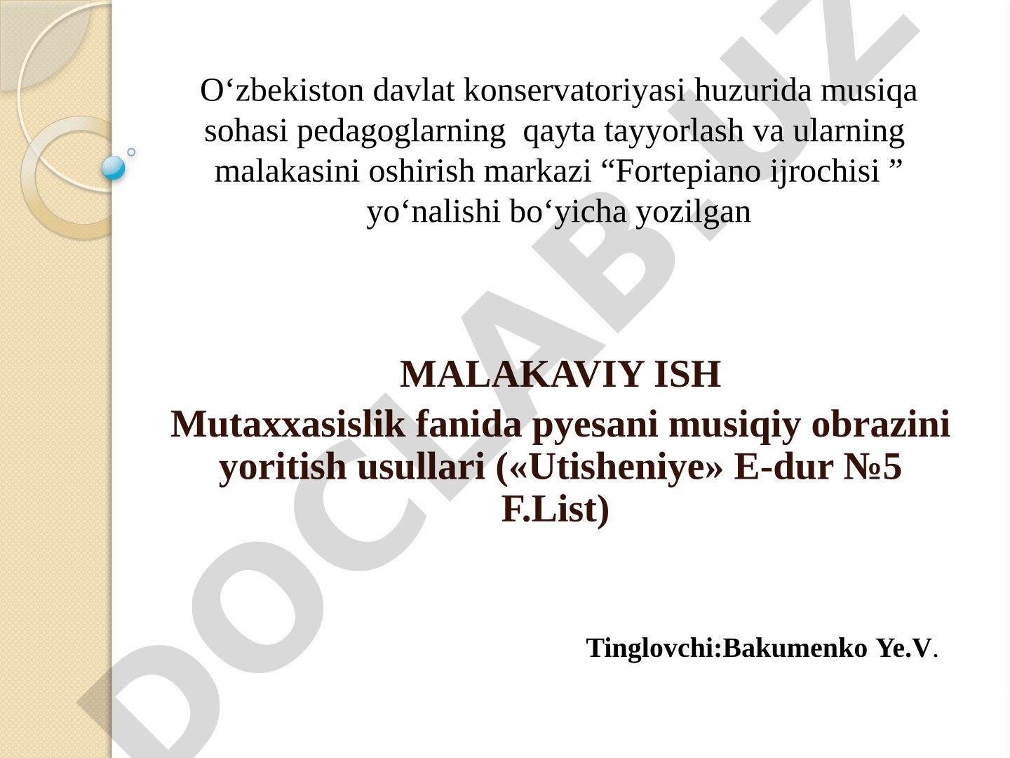 Mutaxassislik fanida pyesani musiqiy obrazini yoritish usullari («Utisheniye» E-dur №5 F.List)
