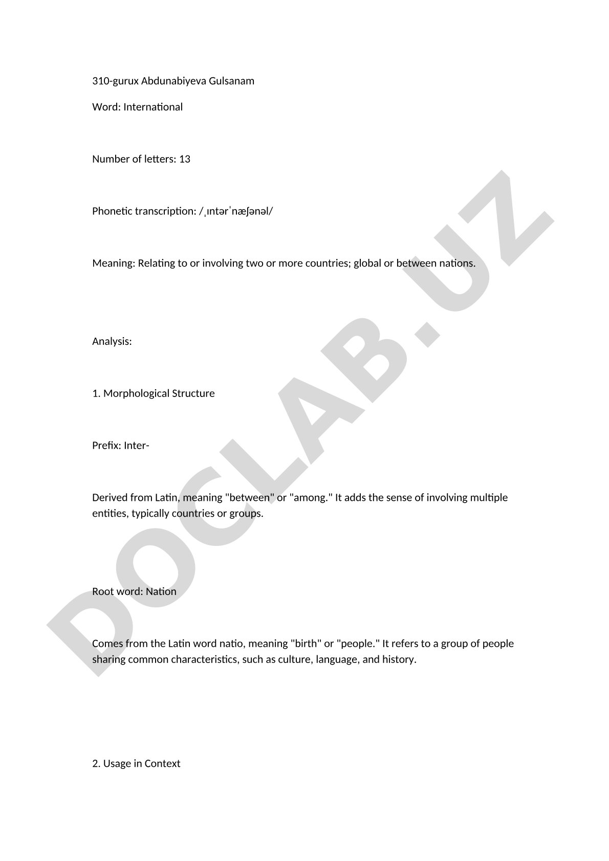 Analysis of the word 'International': phonetic transcription, meaning, morphology and