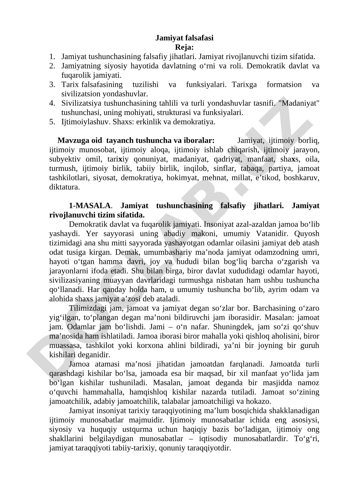 Jamiyat falsafasi mavzusidagi reja: jamiyat, davlat, tarix falsafasi, madaniyat va shaxs