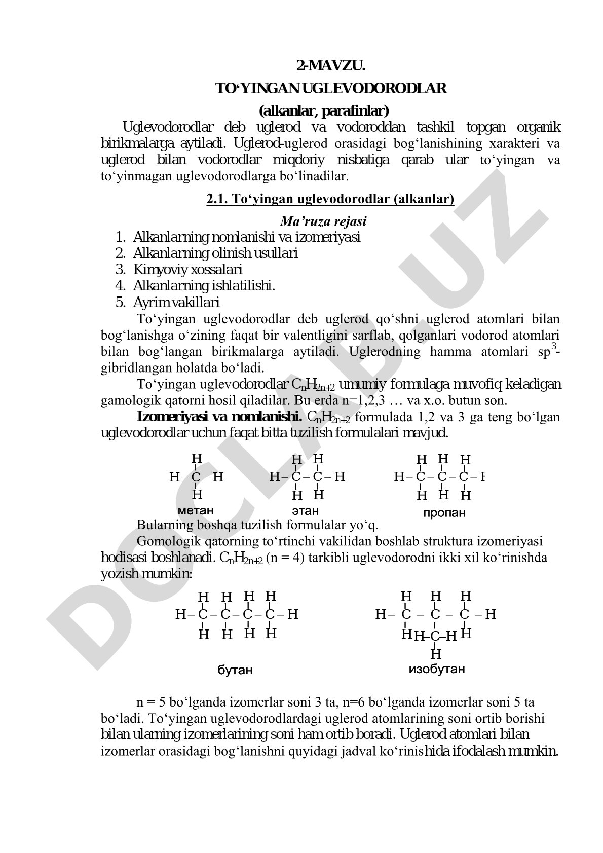 TO‘YINGAN UGLEVODORODLAR (alkanlar, parafinlar) Uglevodorodlar deb uglerod va vodoroddan tashkil top