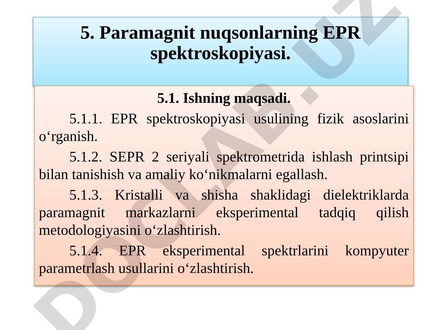 Paramagnit nuqsonlarning EPR spektroskopiyasi