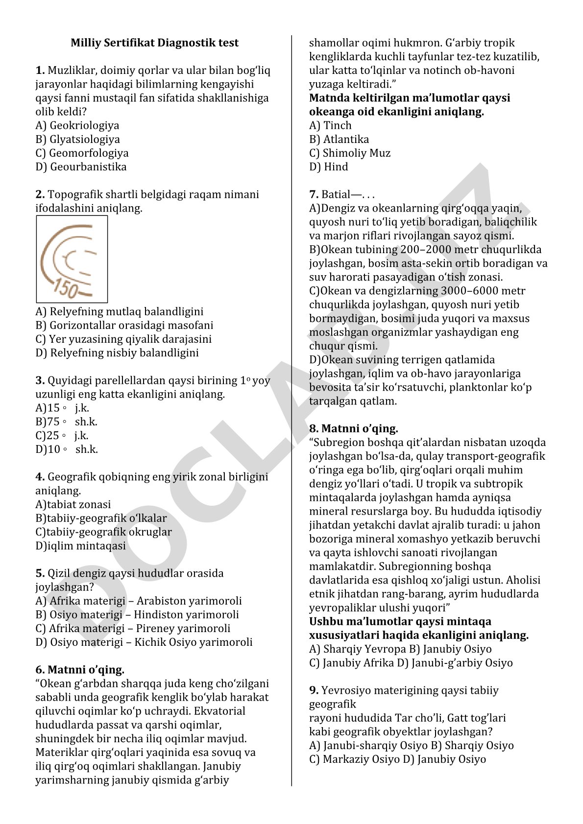 Milliy Sertifikat Diagnostik test 1