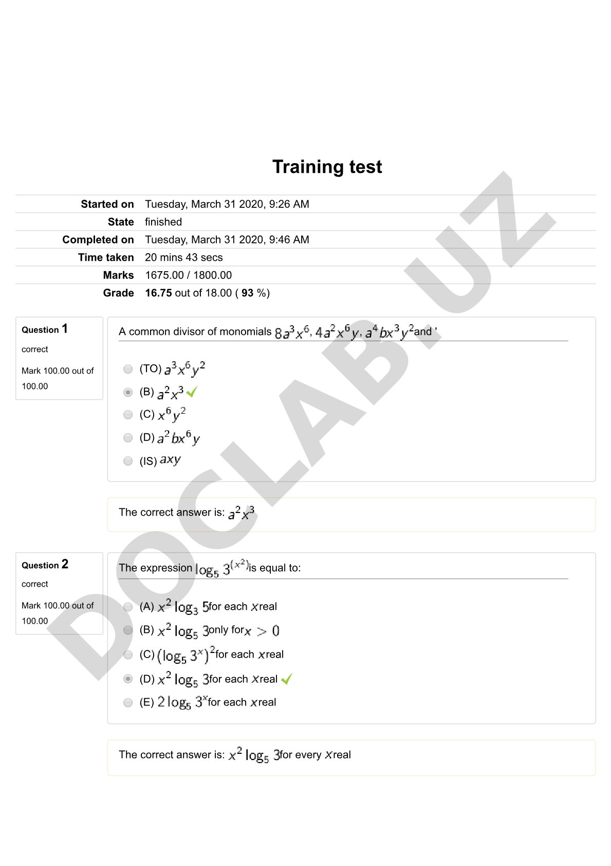 Algebra and functions training test