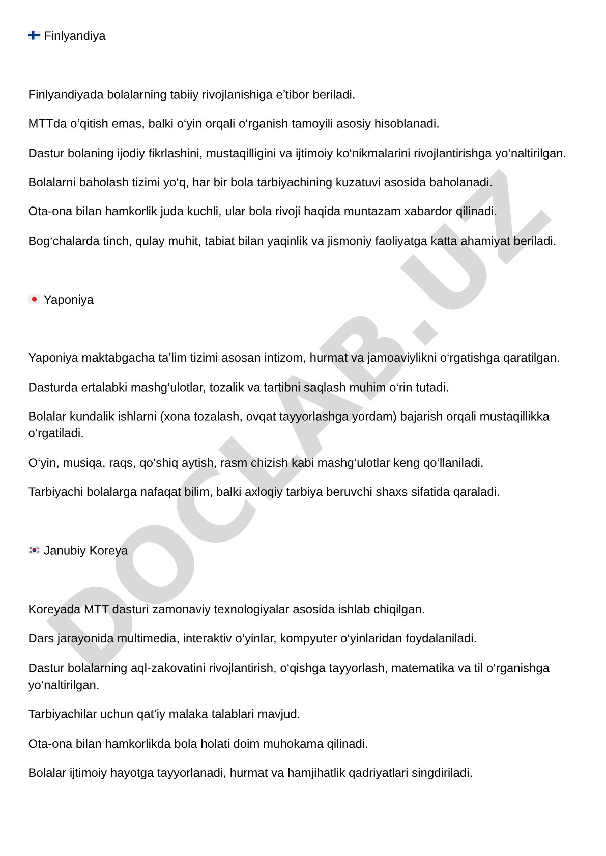Finlyandiya, Yaponiya va Janubiy Koreyada maktabgacha ta'lim tizimi