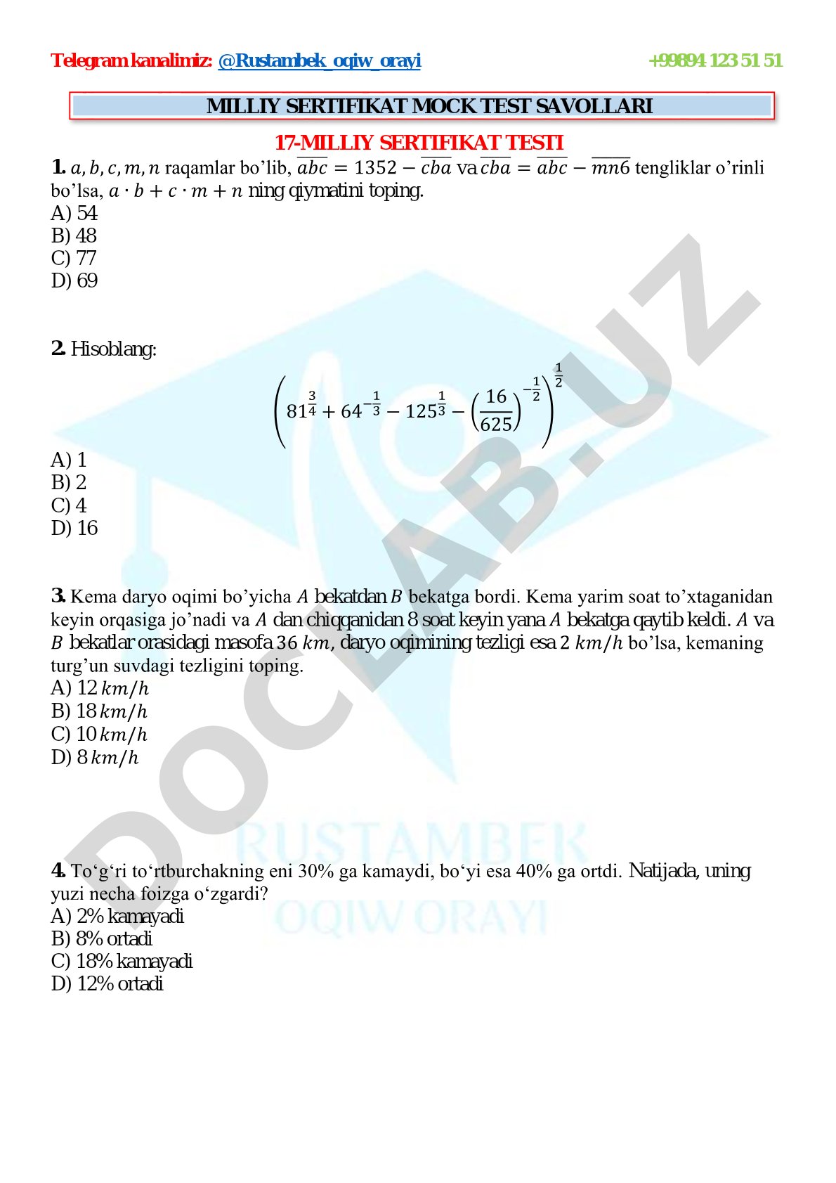 17-Milliy sertifikat mock test savollari