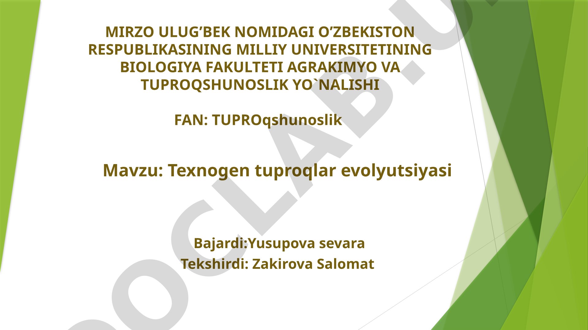 Tuproqlarning texnogen-antropogen buzilishi, kimyoviy ifloslanishi va biologik tozalash