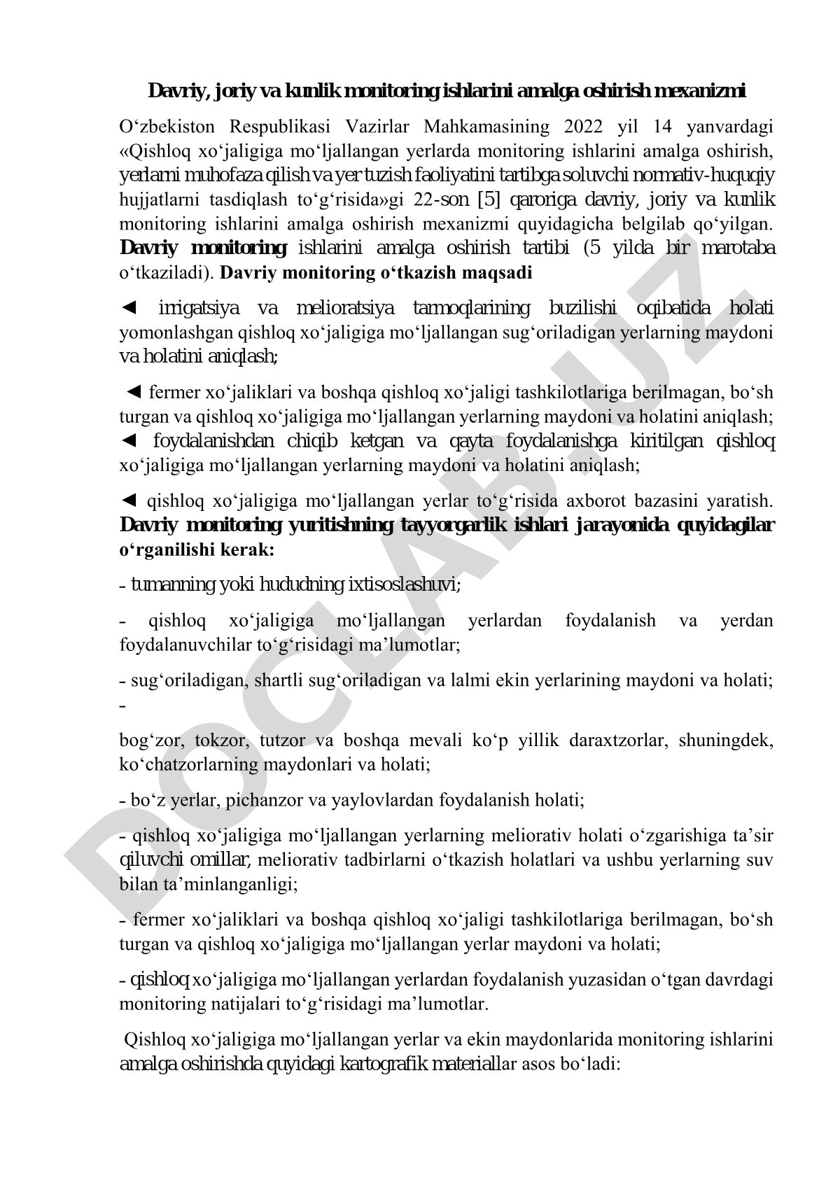 Davriy, joriy va kunlik monitoring ishlarini amalga oshirish mexanizmi