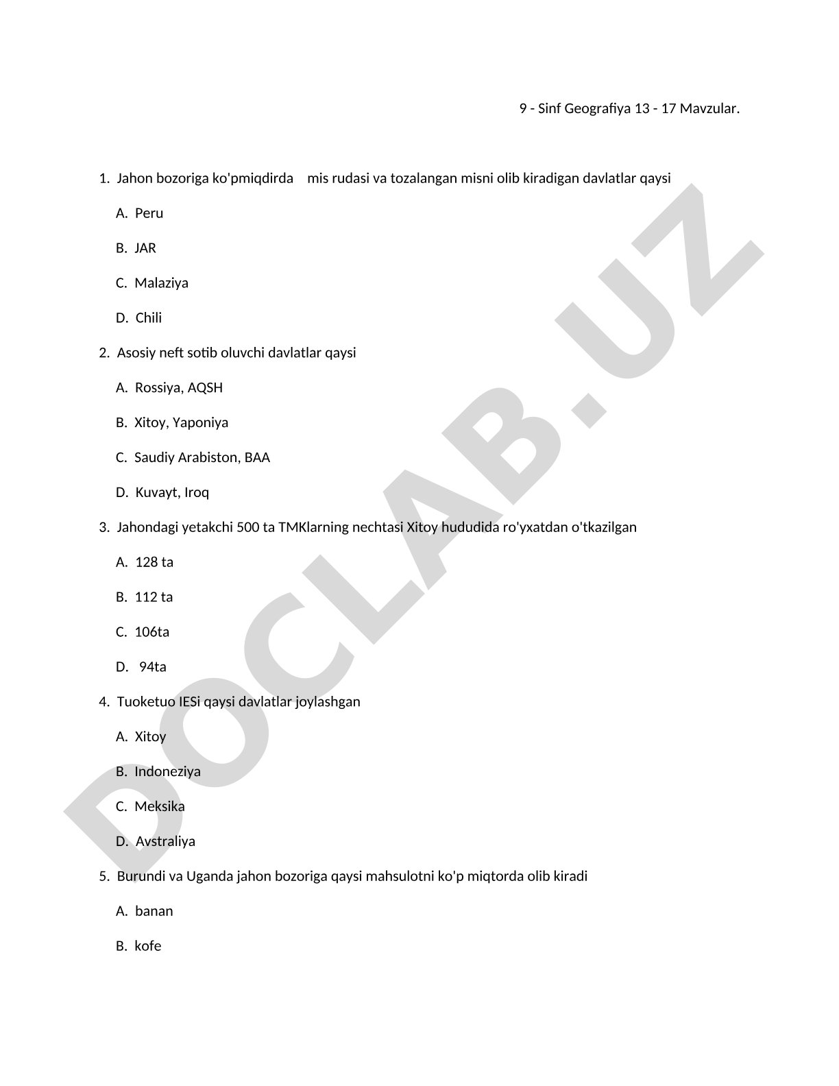 9-sinf Geografiya 13-17 mavzular
