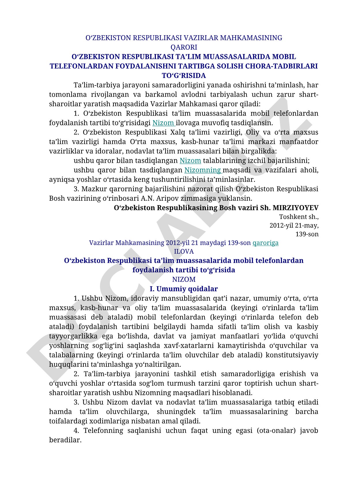 O‘zbekiston Respublikasi ta’lim muassasalarida mobil telefonlardan foydalanishni tartibga solish chora-tadbirlari