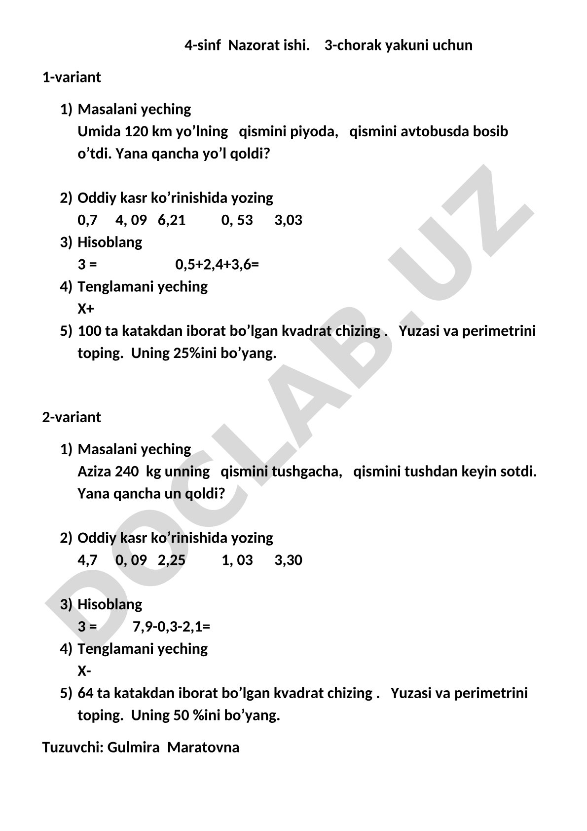 4-sinf matematika nazorat ishi, 3-chorak