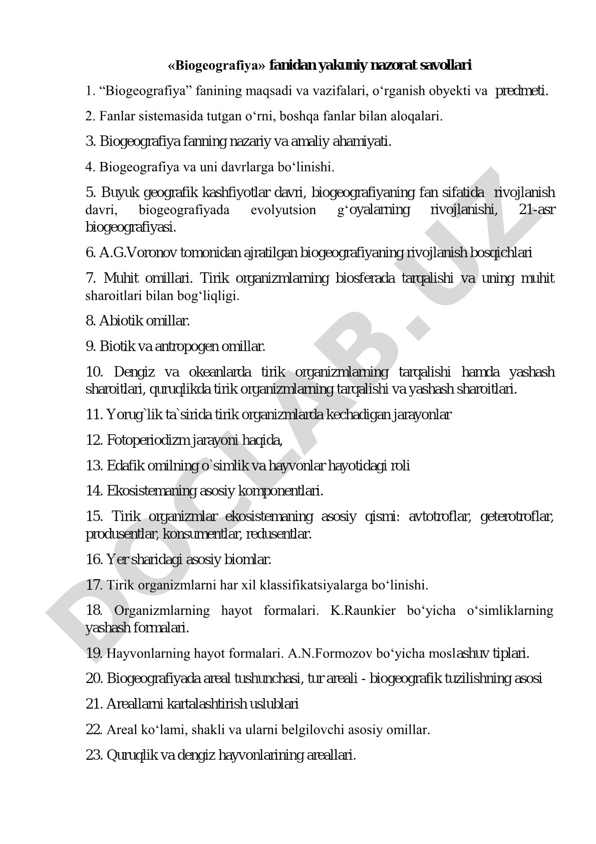 Biogeografiya fanidan yakuniy nazorat savollari