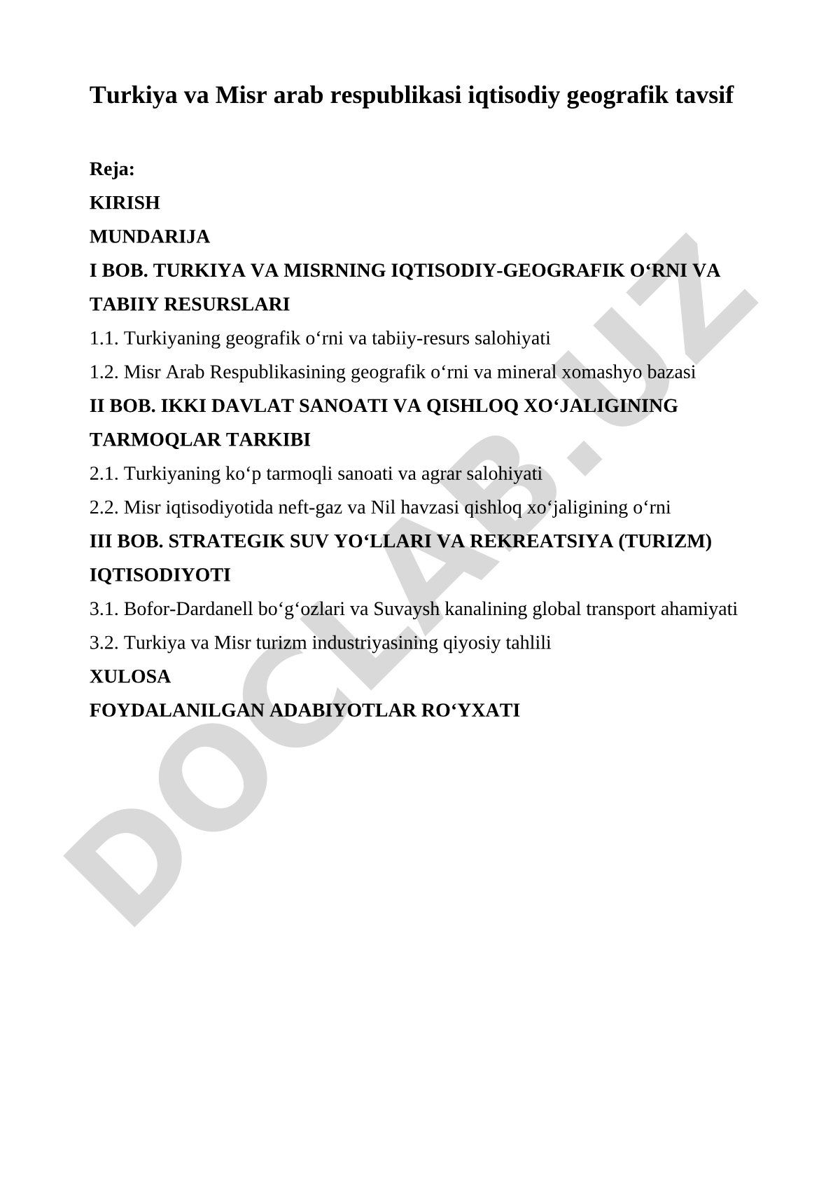 Turkiya va Misr arab respublikasi iqtisodiy geografik tavsif