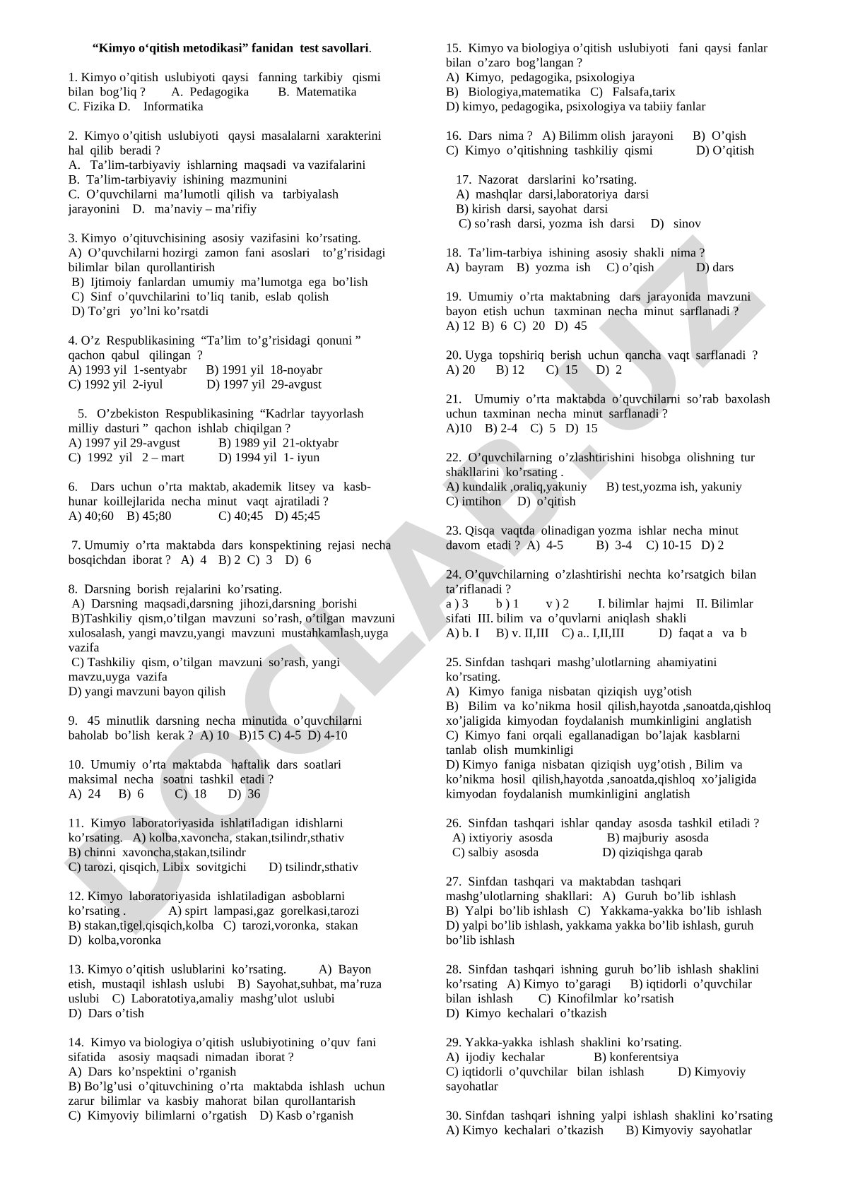 Kimyo o‘qitish metodikasi fanidan test savollari