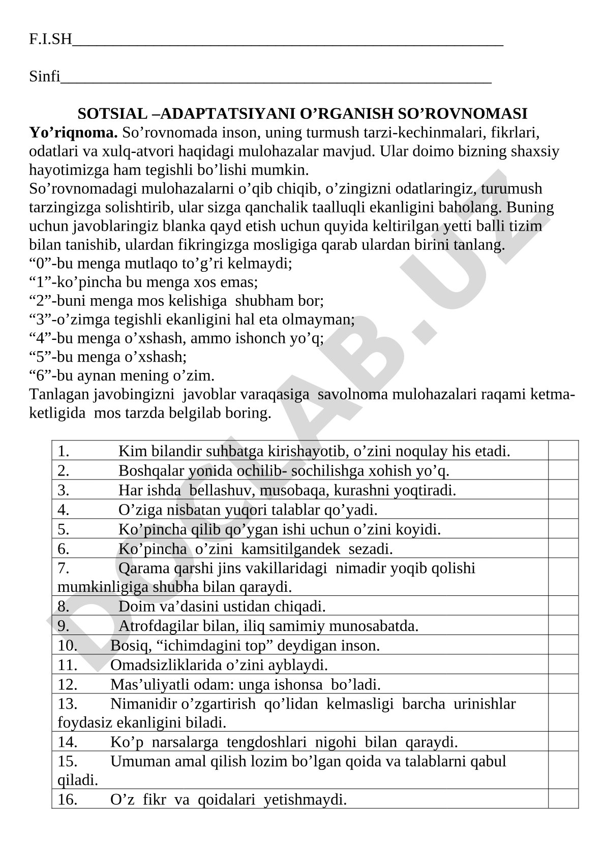 Ijtimoiy adaptatsiyani o’rganish uchun 7 balli so’rovnoma