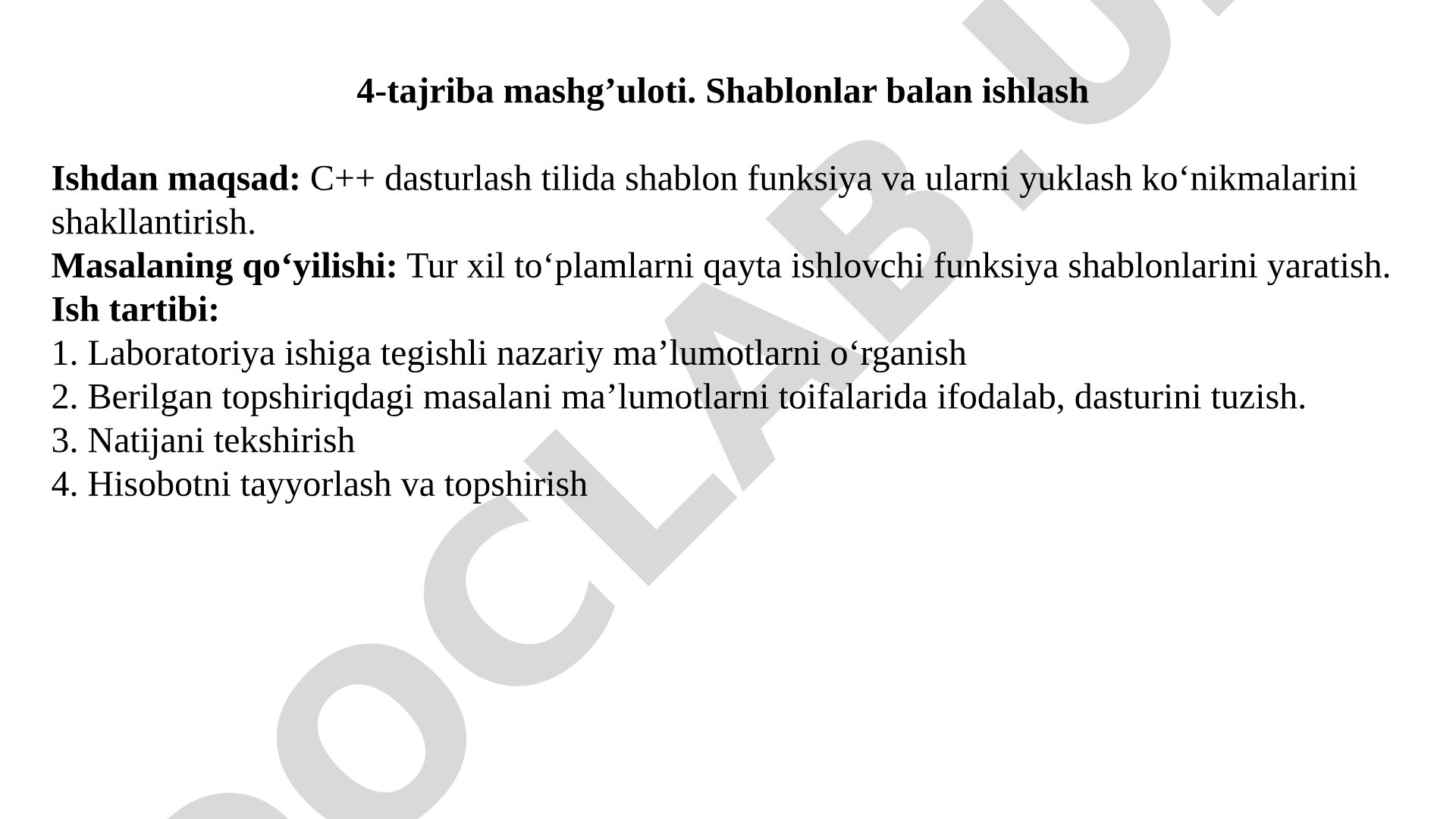 4-tajriba mashg’uloti. Shablonlar bilan ishlash