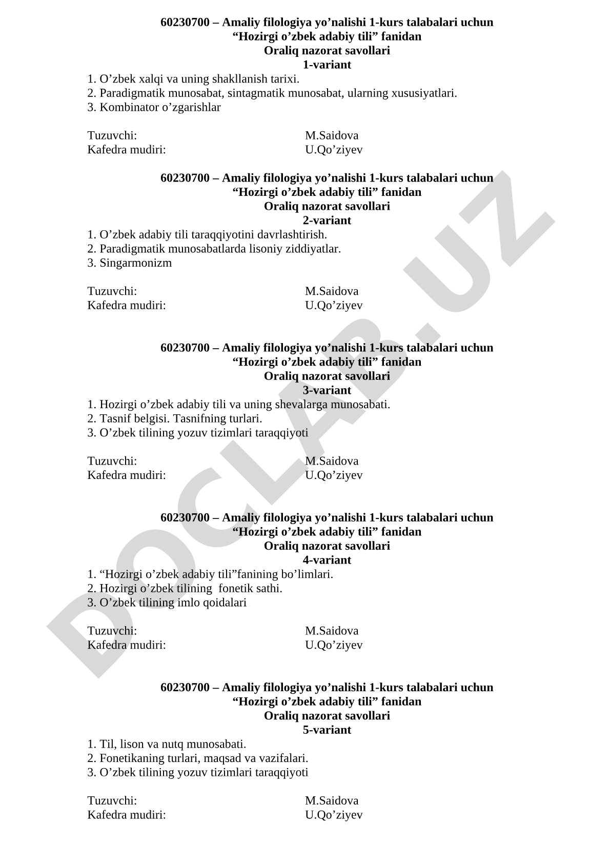 Hozirgi o'zbek adabiy tili oraliq nazorat savollari