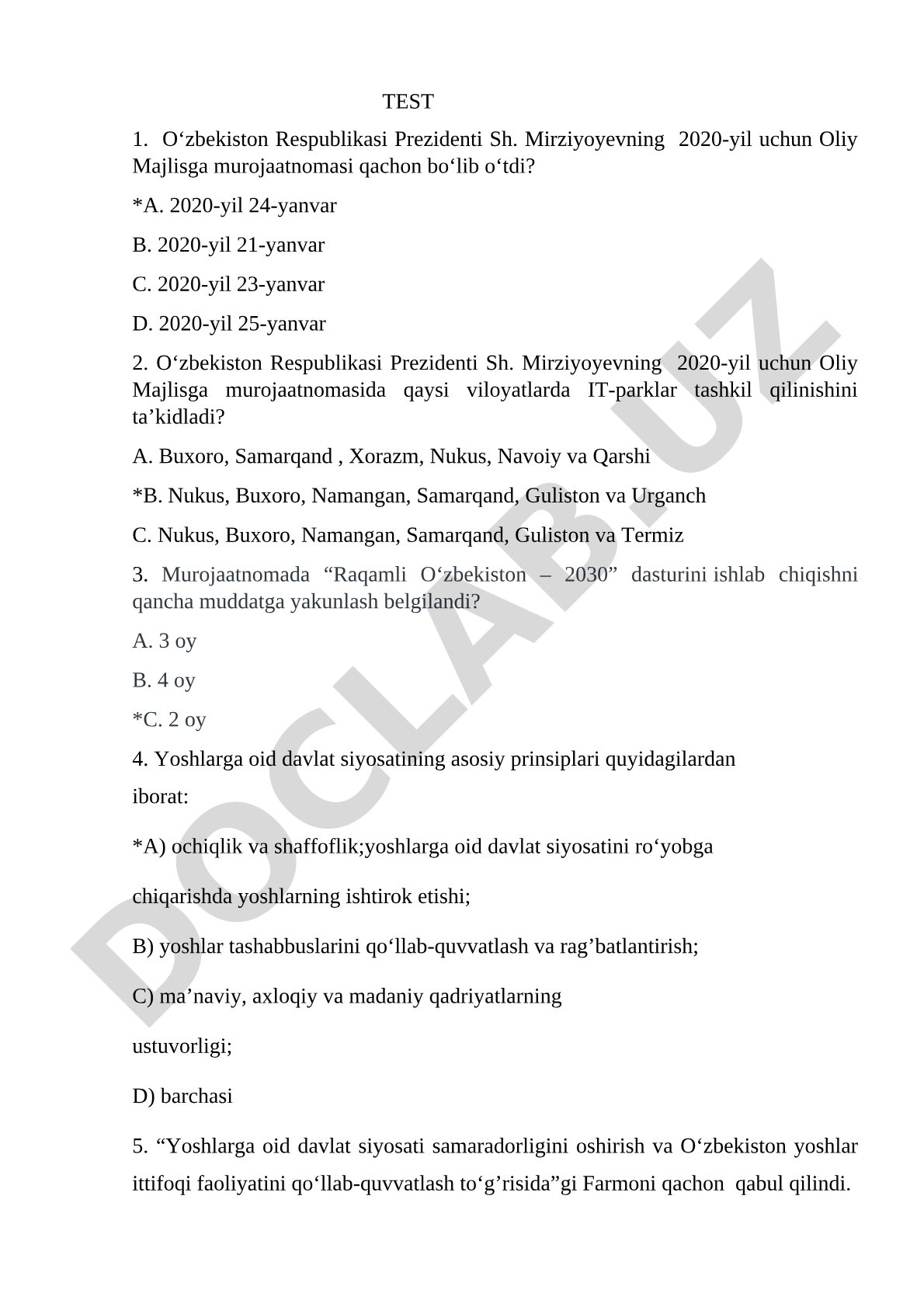 Prezident murojaatnomasi va yoshlar siyosati testlari