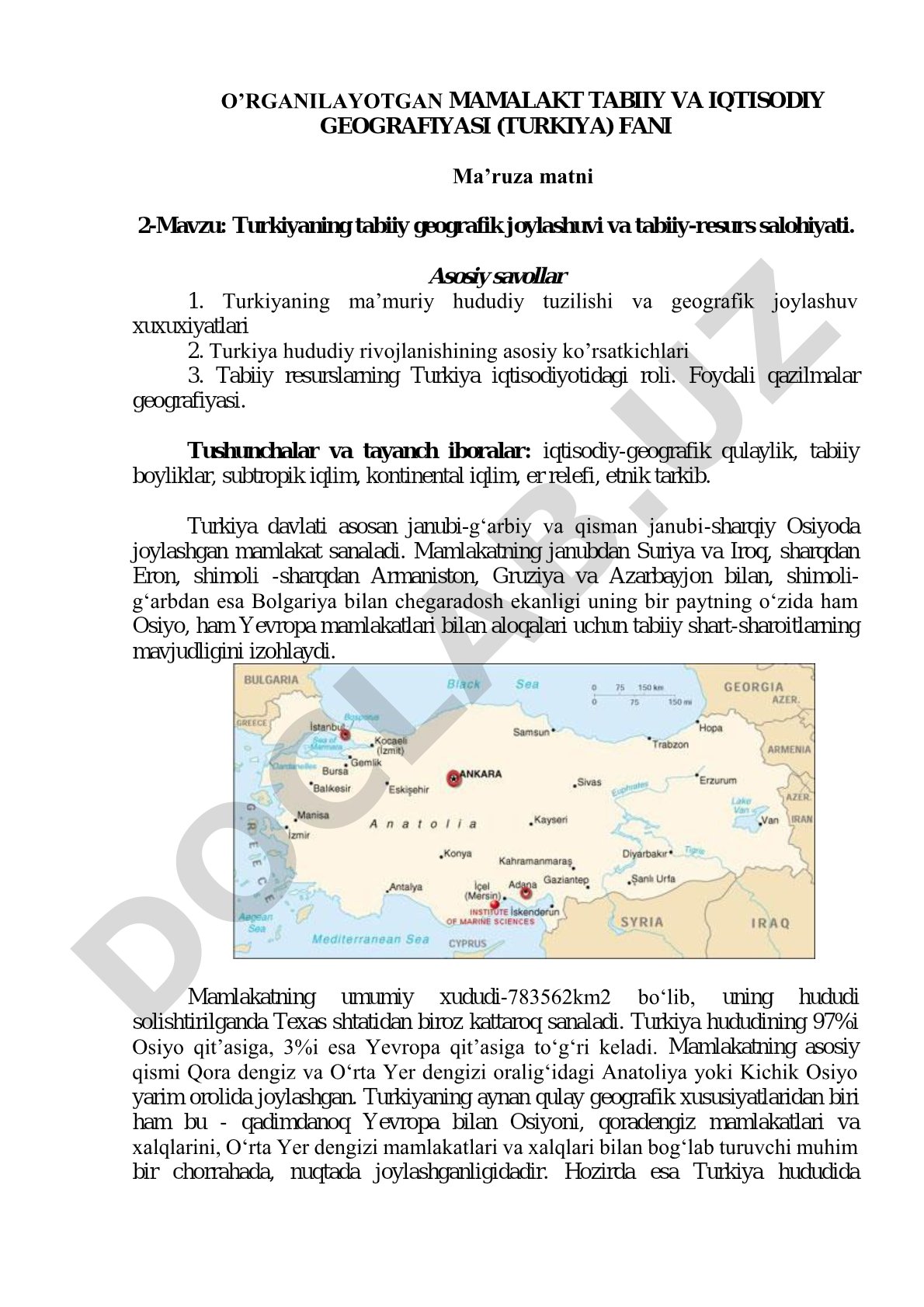 Turkiyaning tabiiy geografik joylashuvi va tabiiy-resurs salohiyati