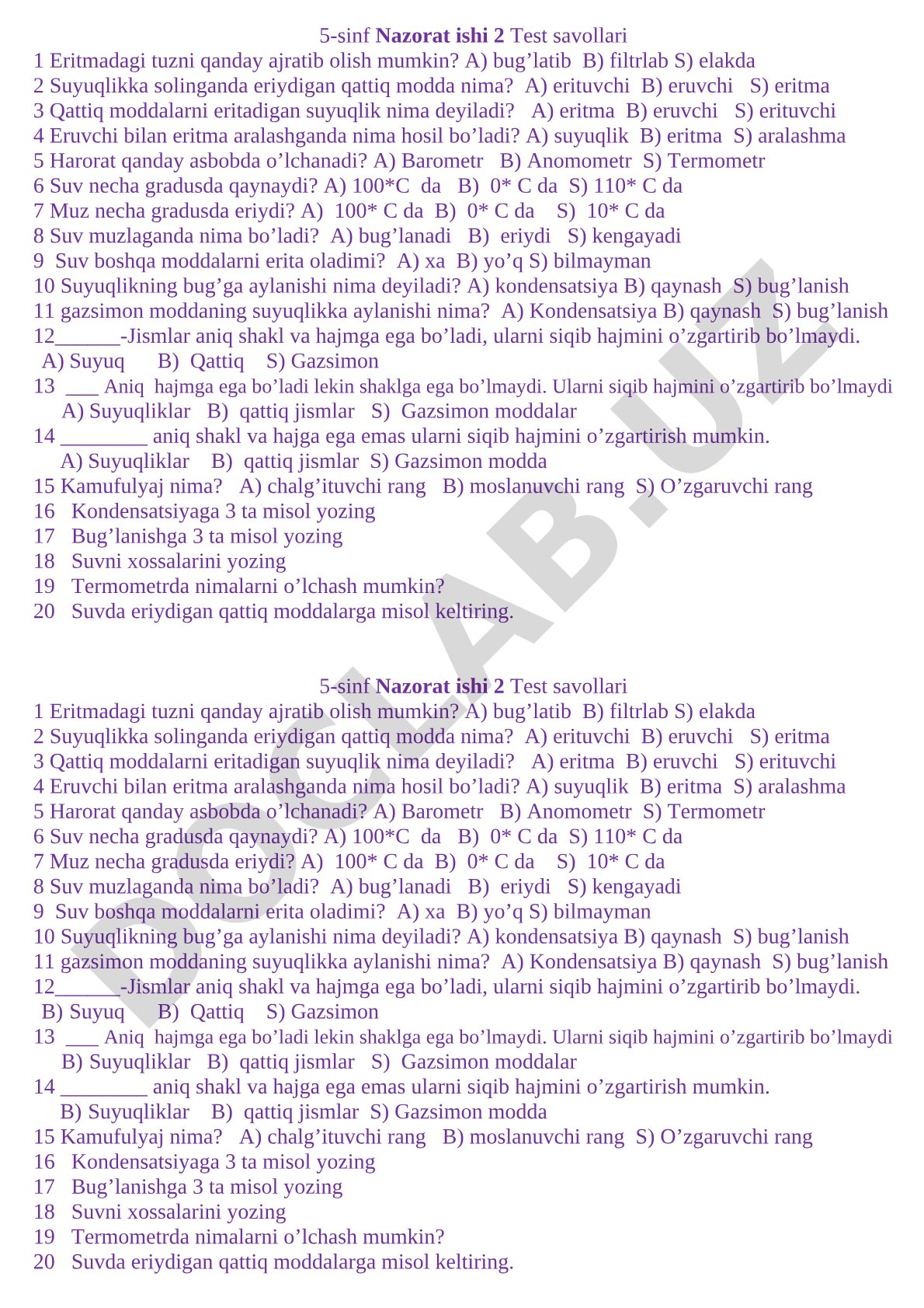 5-sinf Nazorat ishi 2 Test savollari