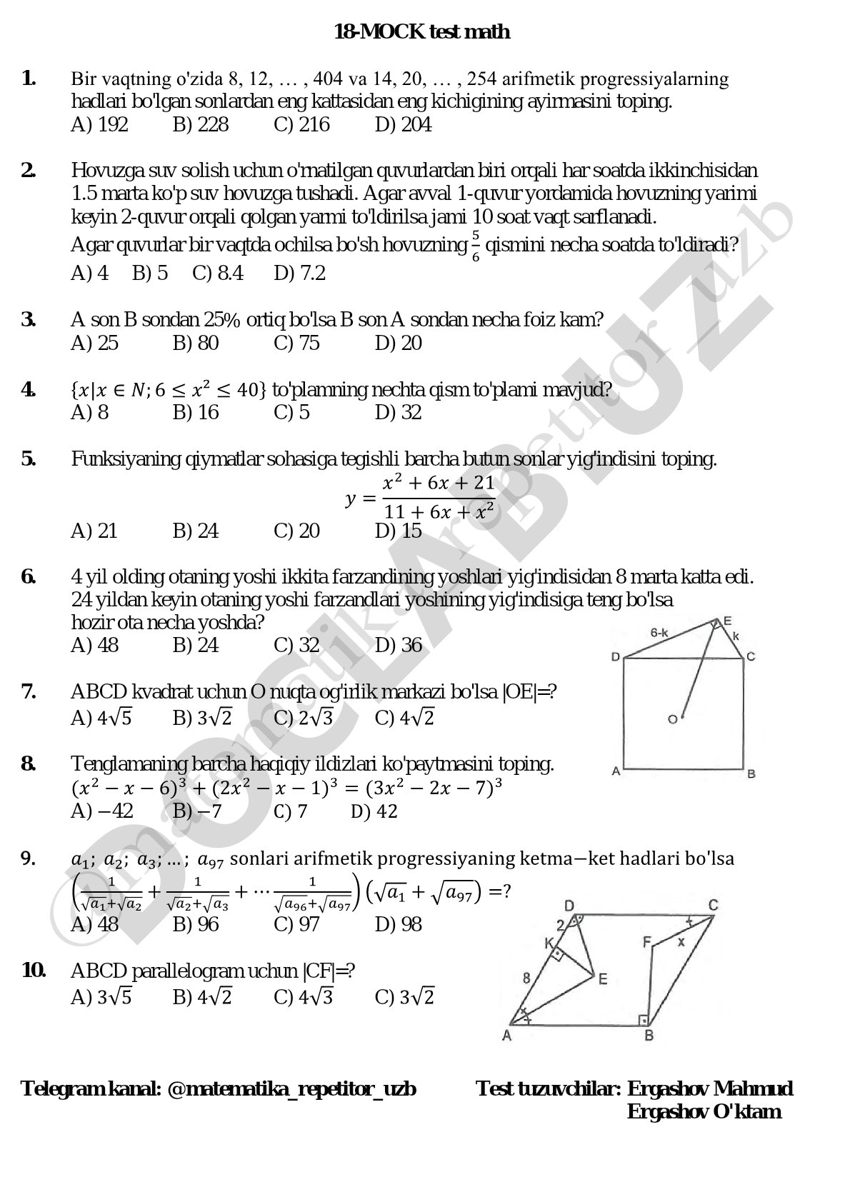 Matematika fanidan test savollari