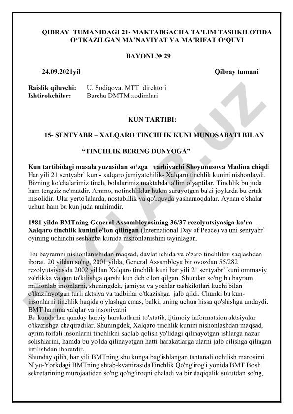 Xalqaro tinchlik kuni munosabati bilan ma'naviyat va ma'rifat o'quvi bayoni