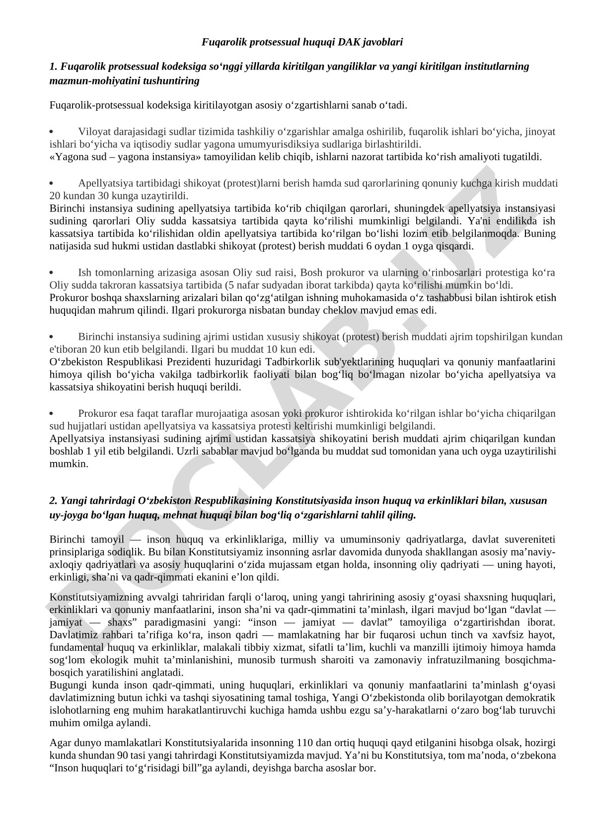 Fuqarolik protsessual huquqi DAK javoblari