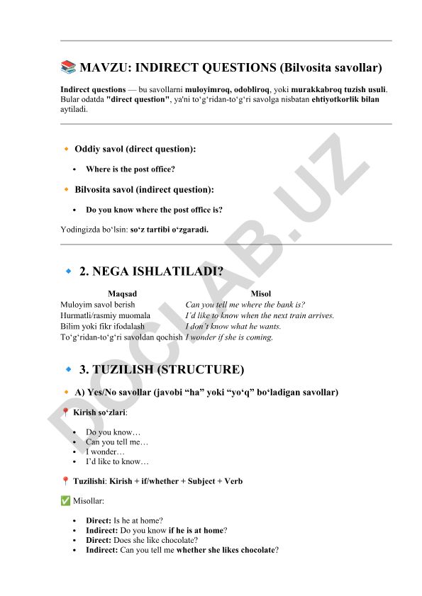 INDIRECT QUESTIONS (Bilvosita savollar)