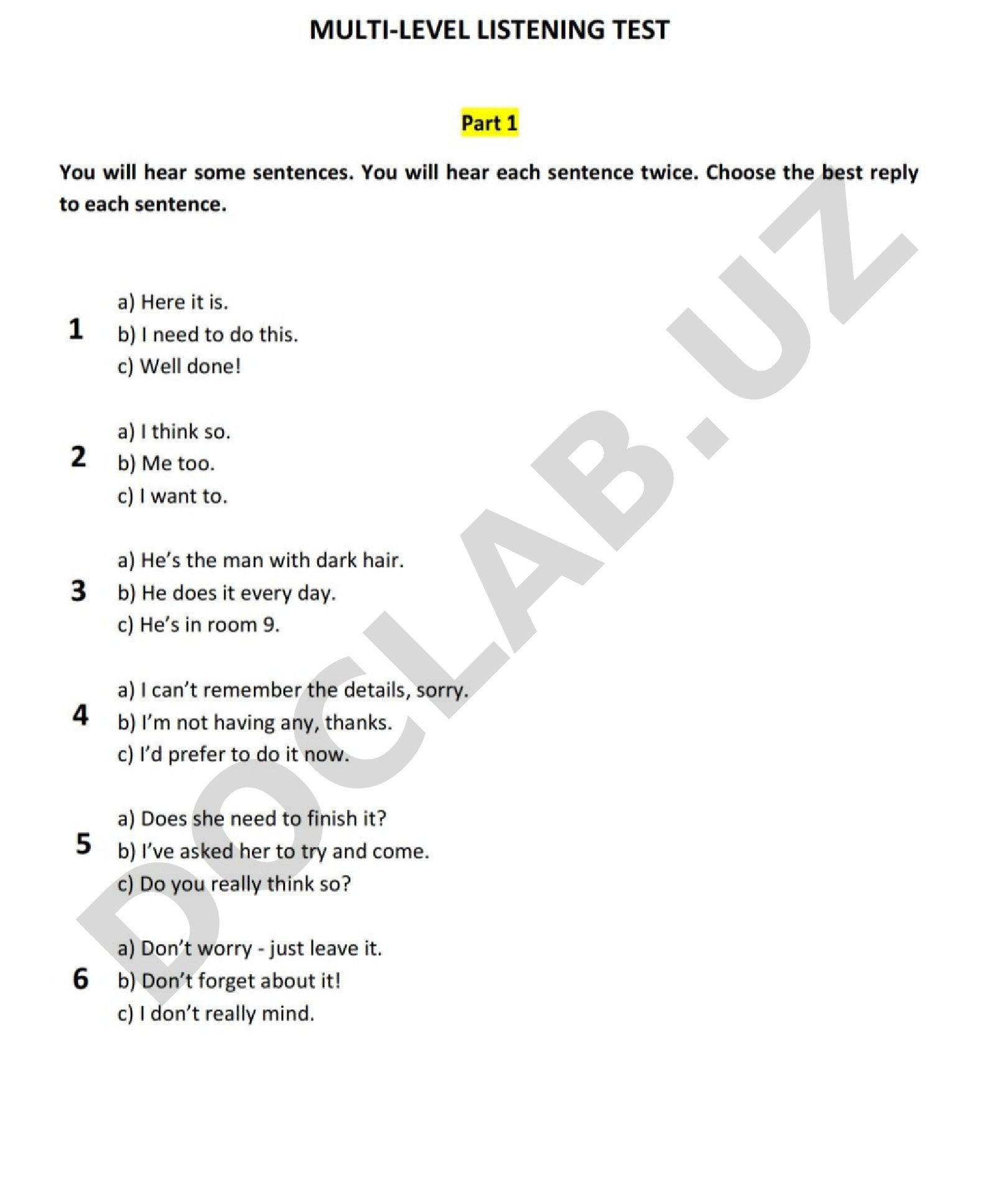 Listening comprehension test with multiple choice replies to sentences