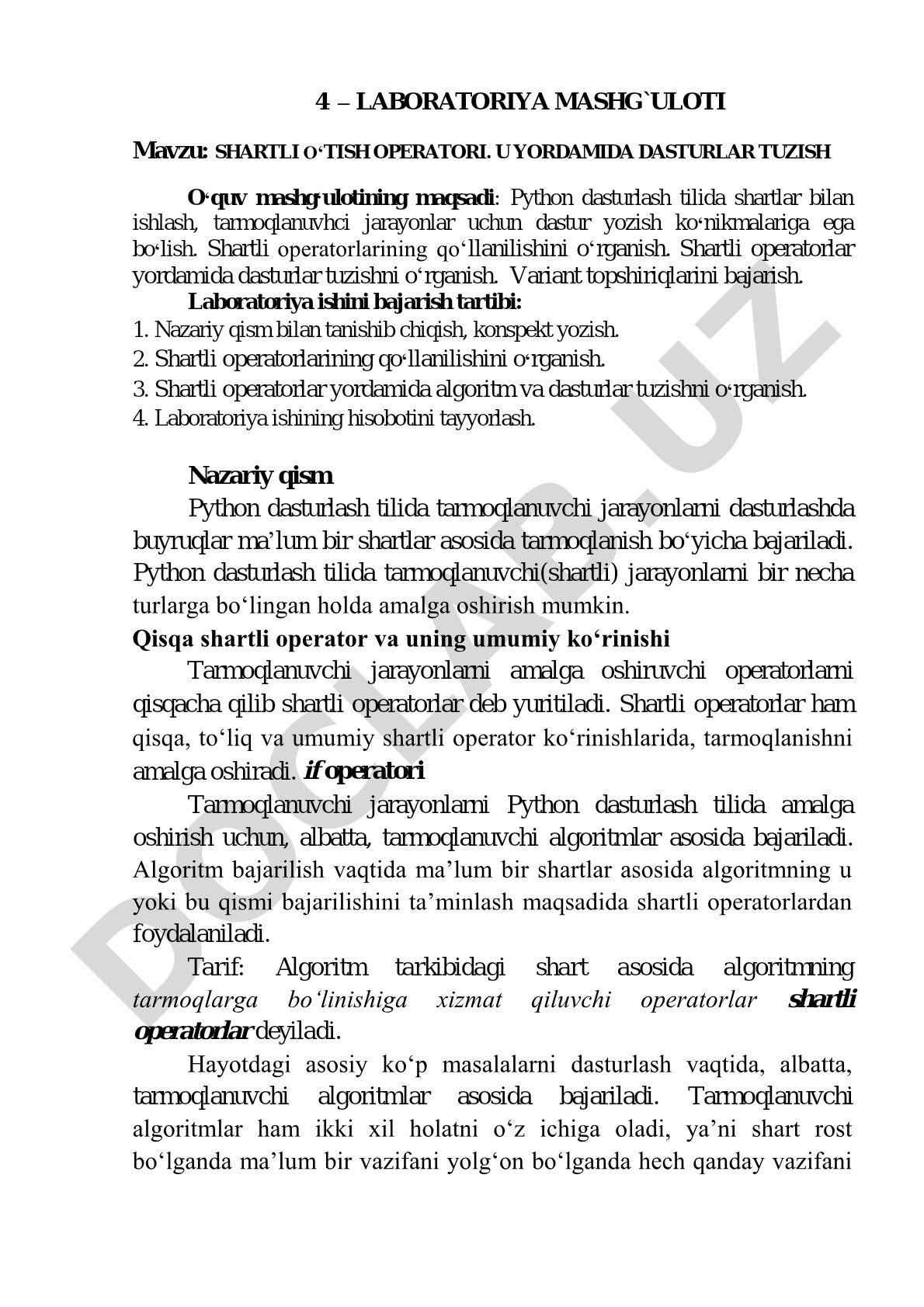 SHARTLI O‘TISH OPERATORI. U YORDAMIDA DASTURLAR TUZISH