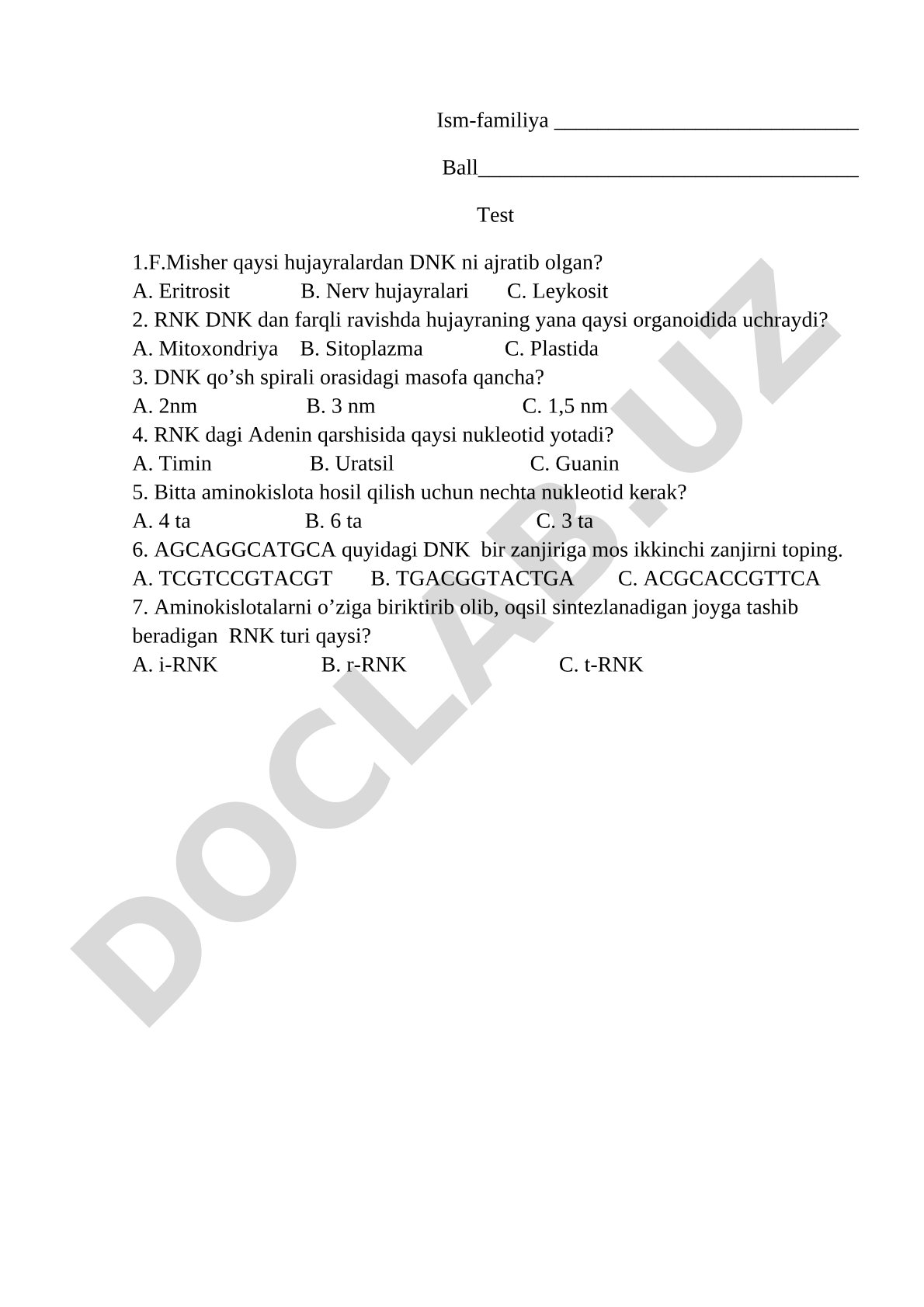 DNK va RNK haqida test savollari