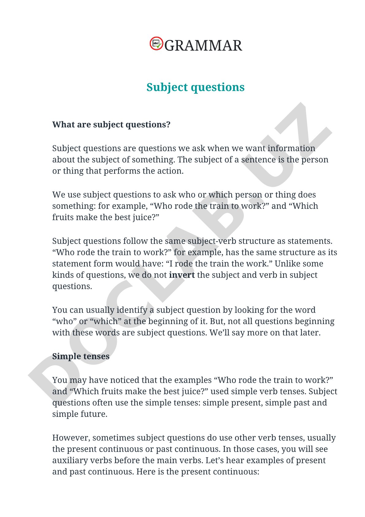 Subject questions in English grammar