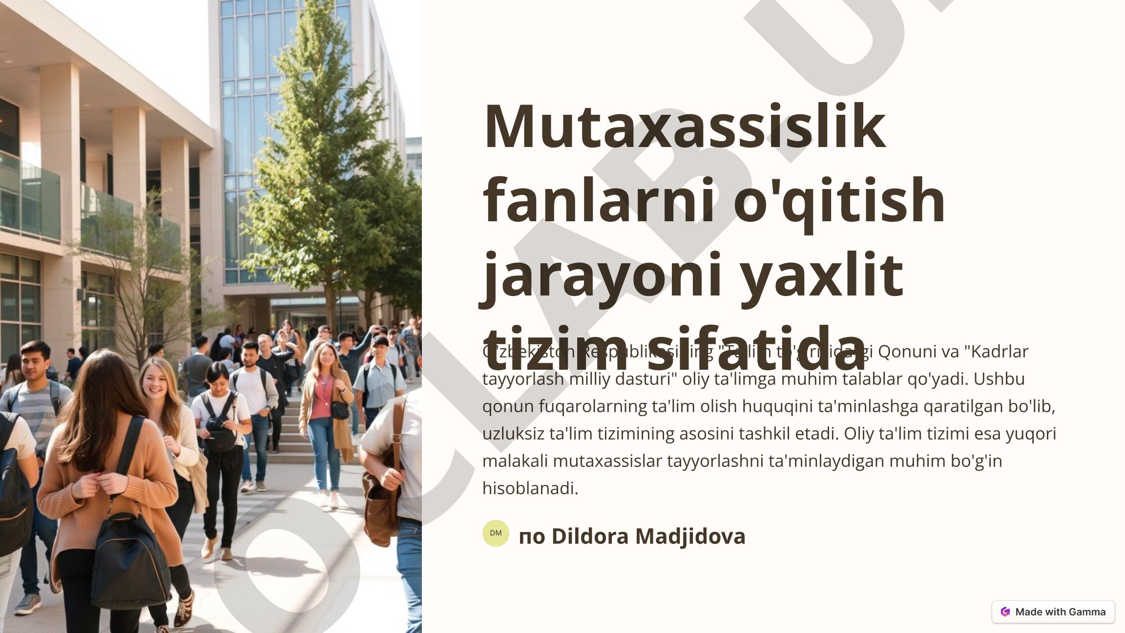 Mutaxassislik fanlarni o'qitish jarayoni yaxlit tizim sifatida