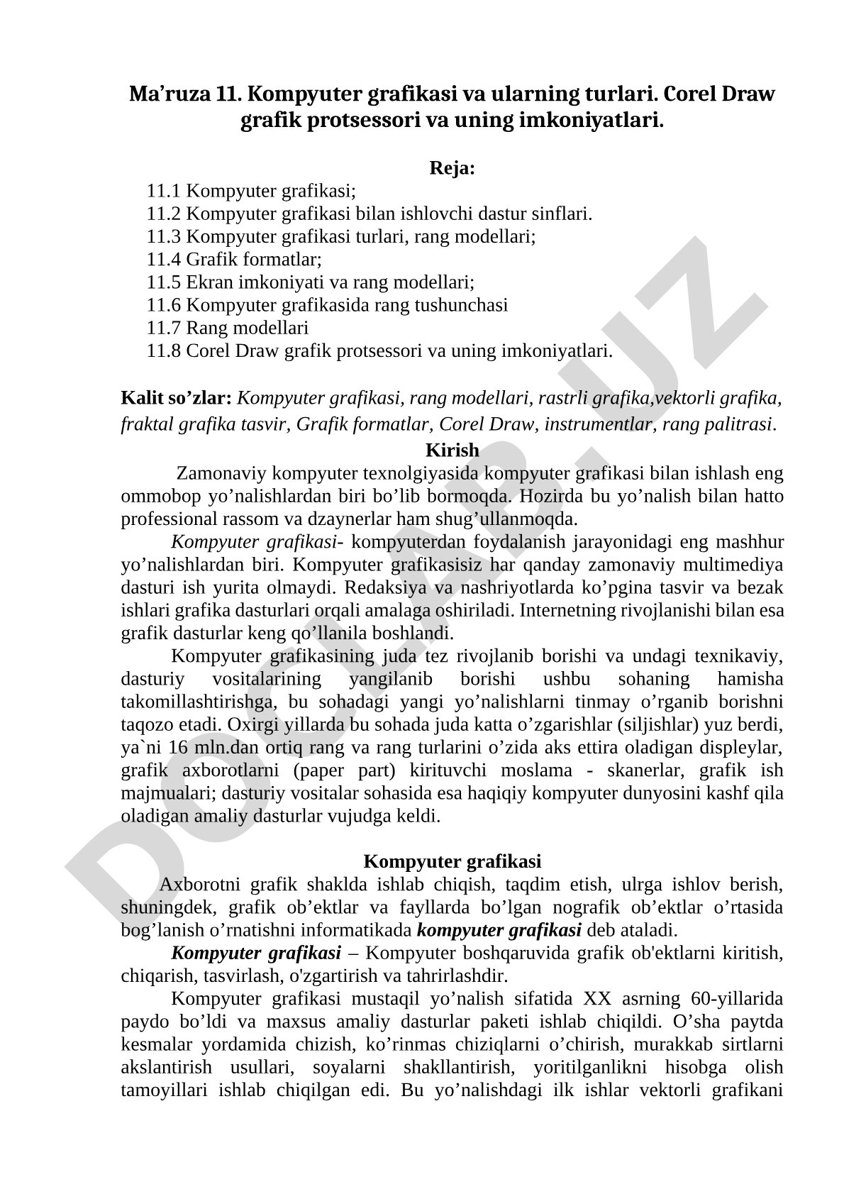 Kompyuter grafikasi va ularning turlari. Corel Draw grafik protsessori va uning imkoniyatlari