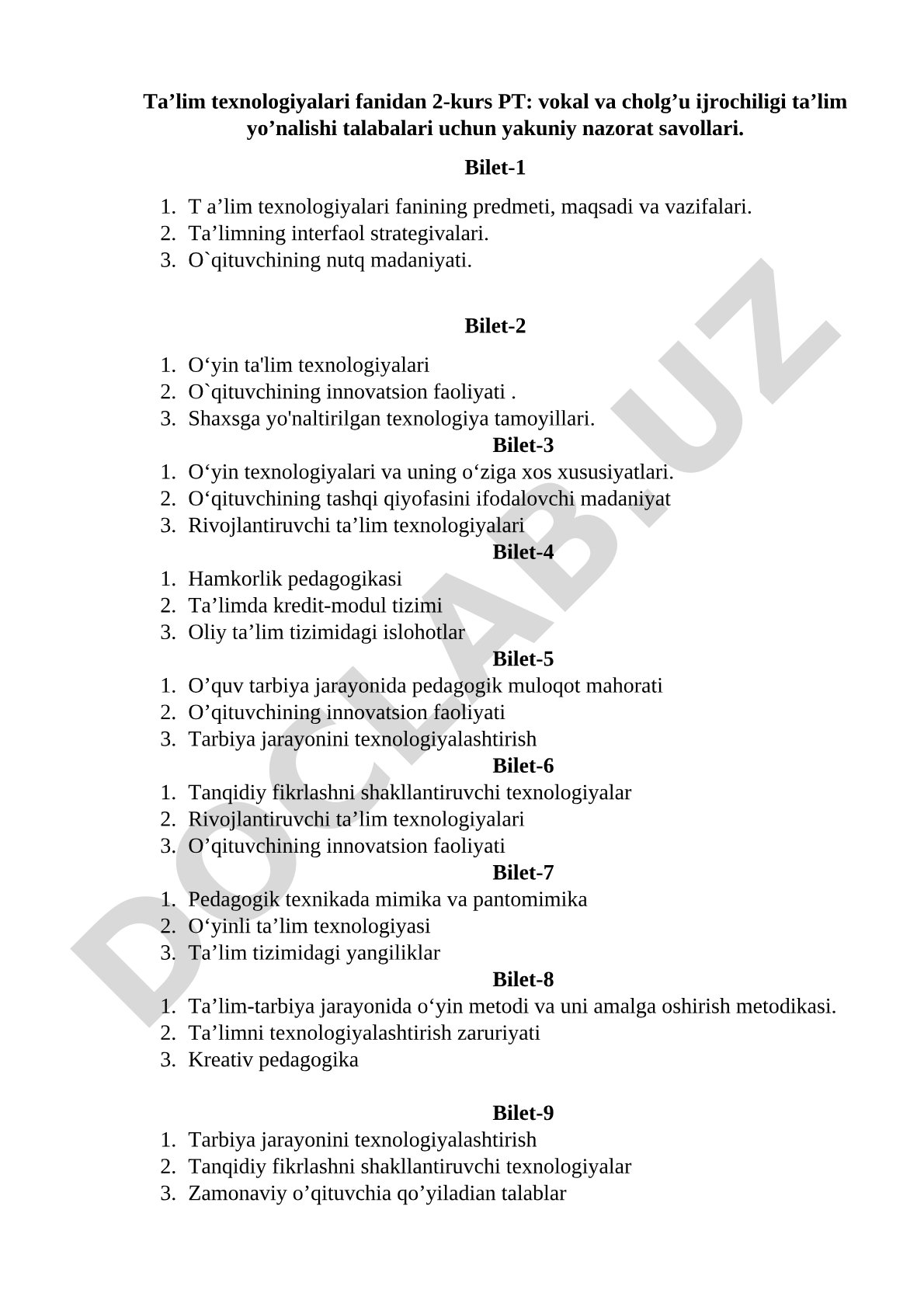 Ta'lim texnologiyalari vokal va cholg'u ijrochiligi uchun yakuniy nazorat savollari